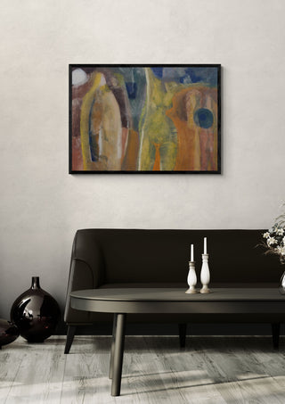 Moonlight dancer by António D'Albuquerque in a black frame above a dark sofa with candlesticks on a round table
