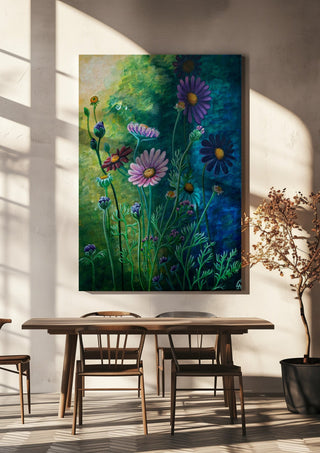 Daisies at Dusk by Svetla Stoyanova Bassi hanging above a wooden dining table in warm sunlight