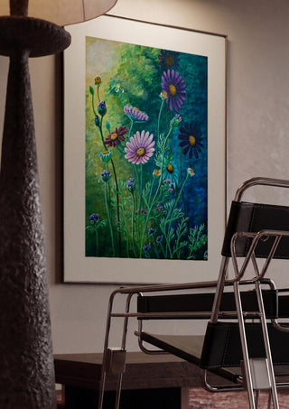 Daisies at Dusk by Svetla Stoyanova Bassi framed in a dim room beside a tubular steel chair