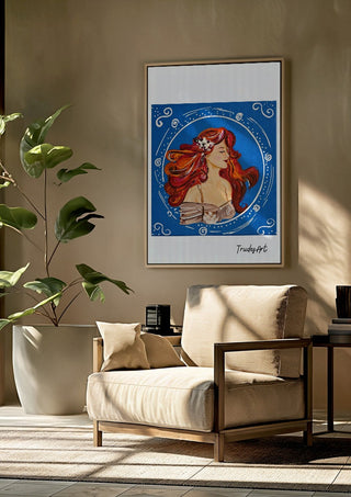 Luna in Blüte by Trude framed above a beige armchair beside a potted plant