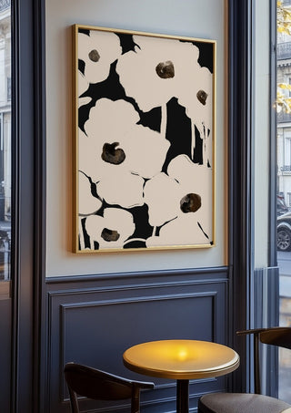 Abstract Flowers by ThingDesign in an oak frame on a panelled cafe wall