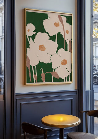 Abstract Flowers 9 by ThingDesign in an oak frame on a panelled cafe wall
