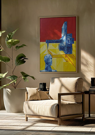 Facing the Monument by Linor Citaku framed above a beige armchair beside a potted plant