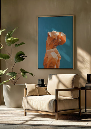 Up by Linor Citaku framed above a beige armchair beside a potted plant