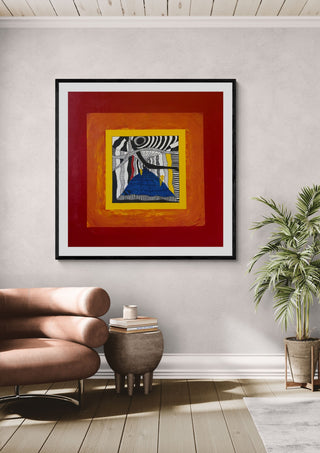 Hypnagogic state by Linor Citaku in a black frame above a leather armchair beside a palm