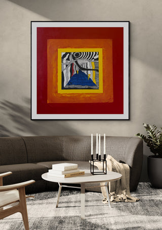 Hypnagogic state by Linor Citaku in a black frame above a curved grey sofa with candlesticks on a round table