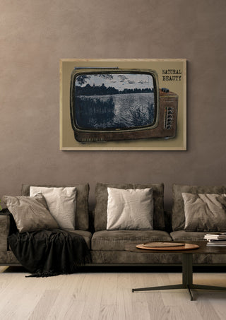 Natural Beauty by Carl Smith ART in a light oak frame above a grey sofa on a warm brown wall