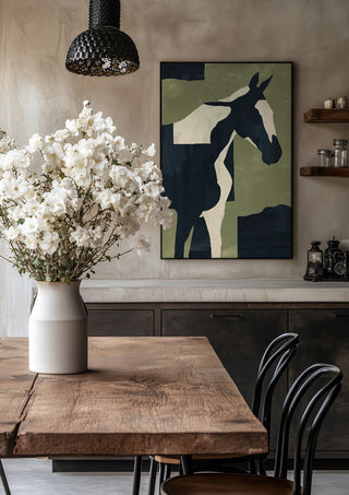 Abstract Minimal Horse 4 by ThingDesign in a black frame above a rustic table with white flowers