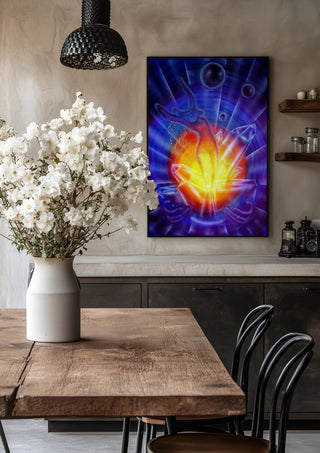 New beginnings and transformation by Walter Zettl in a black frame above a rustic table with white flowers