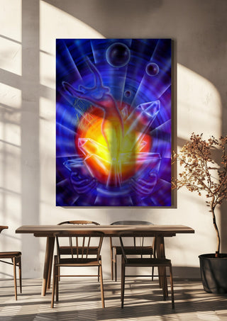 New beginnings and transformation by Walter Zettl hanging above a wooden dining table in warm sunlight