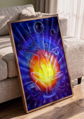 New beginnings and transformation by Walter Zettl in a walnut frame leaning against a grey sofa