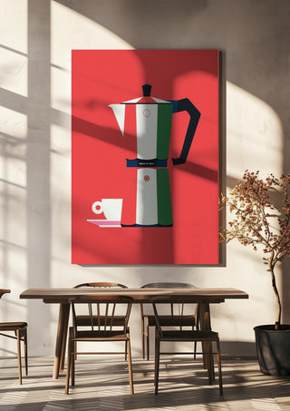 Italian coffee by Bo Lundberg hanging above a wooden dining table in warm sunlight