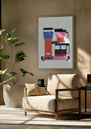 Pastel coffee by Bo Lundberg framed above a beige armchair beside a potted plant