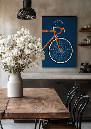 Swedish Racing Bike - Detail by Bo Lundberg in a black frame above a rustic table with white flowers
