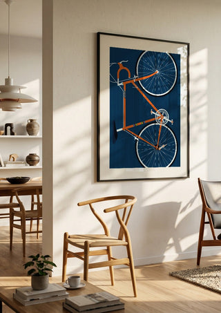 Swedish Racing Bike by Bo Lundberg in a black frame in a bright dining room with wooden chairs