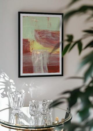 abstract layers and forms 1 by Iris Lehnhardt in a black frame above a glass table with crystal glassware