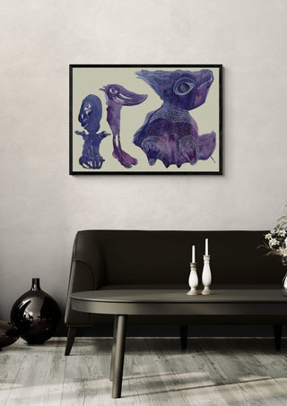 Odd Creatures by Lena Galé in a black frame above a dark sofa with candlesticks on a round table