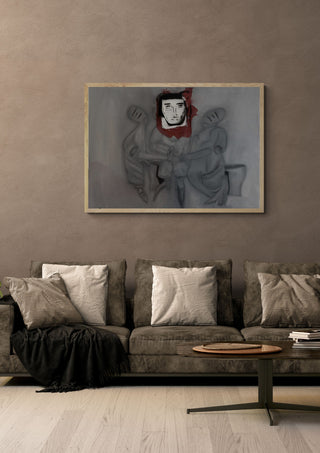 L. by Julian staal in a light oak frame above a grey sofa on a warm brown wall