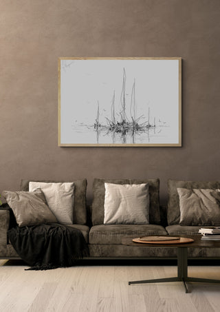 Masts at the Quay by Justyna Kopania in a light oak frame above a grey sofa on a warm brown wall