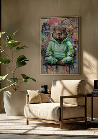 Capybara x Grafitti by Decker Studios framed above a beige armchair beside a potted plant