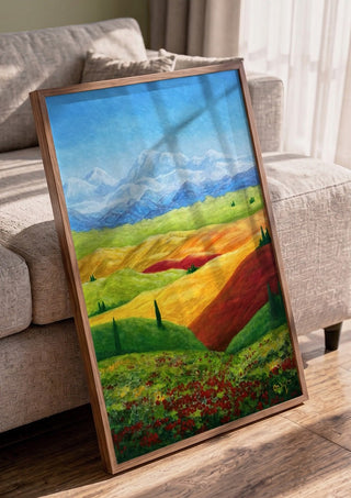 Toscana by Tako in a walnut frame leaning against a grey sofa
