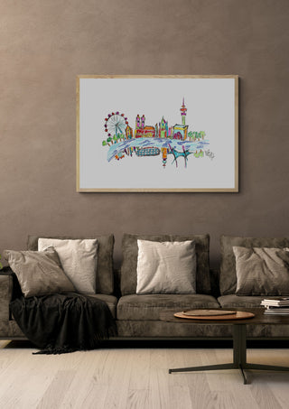 München by ullimcart in a light oak frame above a grey sofa on a warm brown wall