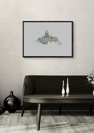 Köln II by ullimcart in a black frame above a dark sofa with candlesticks on a round table