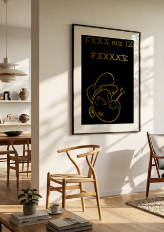 FXXX MX IX FXXXXV by Ali Kasap in a black frame in a bright dining room with wooden chairs