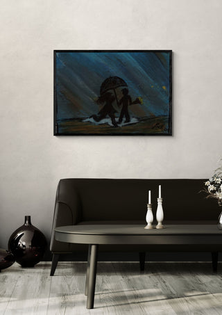 Per Elisa by PeKo in a black frame above a dark sofa with candlesticks on a round table