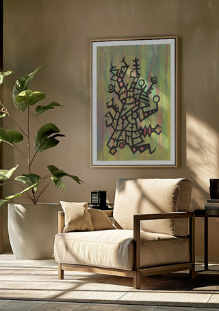 Glyphs on Green by John Larkin framed above a beige armchair beside a potted plant