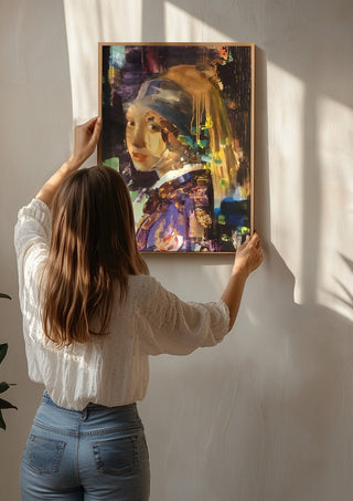 Girl with the pearl by creatievananne being hung on a sunlit wall