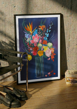 flowerpower! by creatievananne in a black frame leaning against a concrete wall by a steel chair