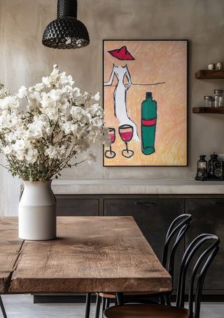 Lady in the Red Hat by Camilla Nilsson in a black frame above a rustic table with white flowers