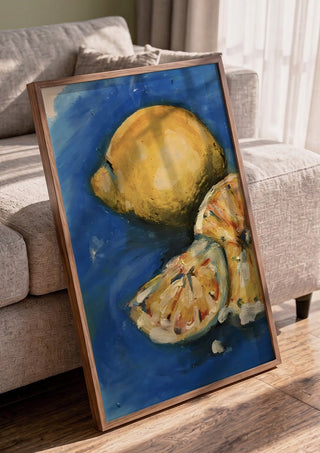 Summer by Christin in a walnut frame leaning against a grey sofa