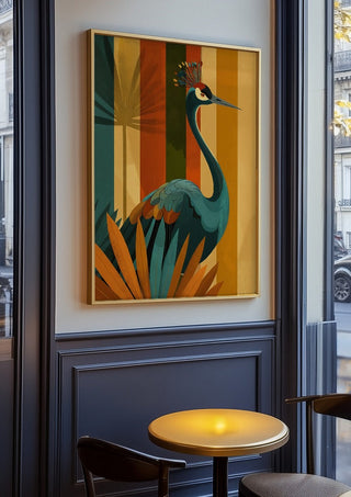 Crane of the Retro Forest by ArtySjak in an oak frame on a panelled cafe wall