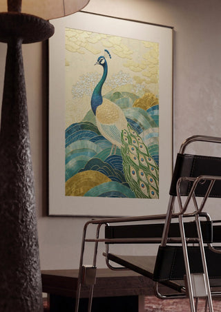 Peacock Touched by Gold by ArtySjak framed in a dim room beside a tubular steel chair