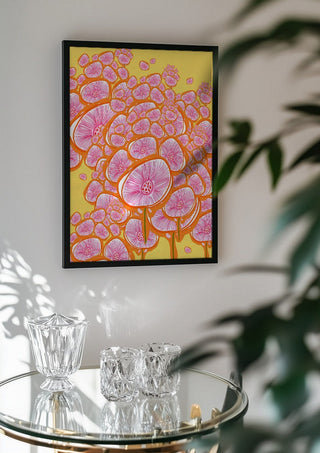 The happy meadow by Creationsbyeditabrus in a black frame above a glass table with crystal glassware