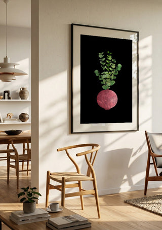 Eucalyptus in pink vase by Creationsbyeditabrus in a black frame in a bright dining room with wooden chairs