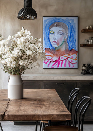 Who's the Clown now by DNF in a black frame above a rustic table with white flowers