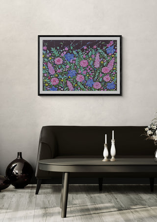Dungeon Farm by Rebecca Wright in a black frame on a pale wall above a dark sofa with candlesticks