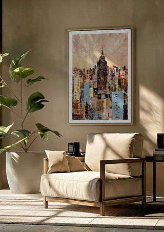 NYC by Art Anne Lee framed above a beige armchair beside a potted plant