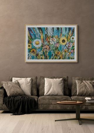 Blomster by Art Anne Lee in a light oak frame on a warm grey wall above a brown sofa