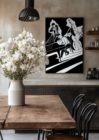 Jazz Quartet by Massimo Frascogna in a black frame above a rustic table with white flowers