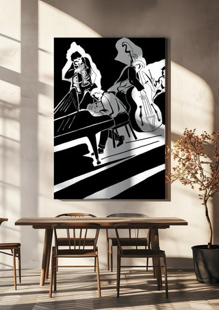 Jazz Quartet by Massimo Frascogna hanging above a wooden dining table in warm sunlight
