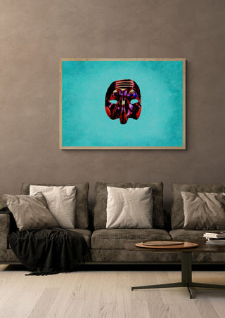 Who is Pulcinella? by Massimo Frascogna in a light oak frame on a warm grey wall above a brown sofa