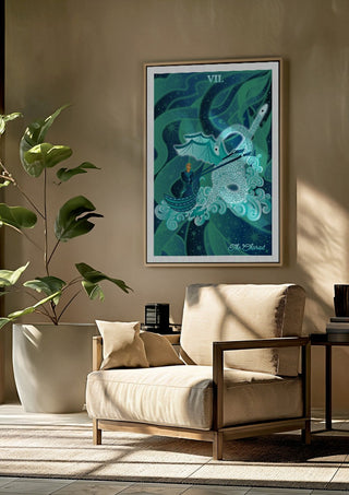 The Chariot by Sciurus tarotus framed above a beige armchair beside a potted plant
