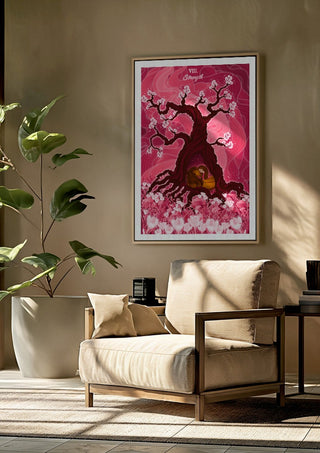 The Strength by Sciurus tarotus framed above a beige armchair beside a potted plant