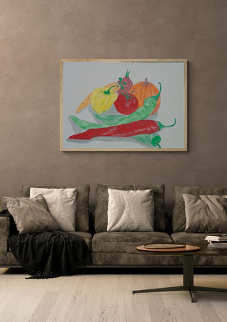Nature's bounty by Sulaika Martis in a light oak frame on a warm grey wall above a brown sofa