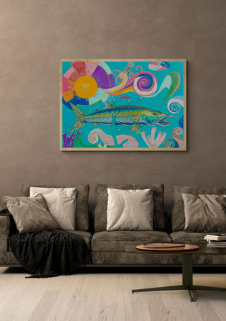 Pike by Sulaika Martis in a light oak frame on a warm grey wall above a brown sofa