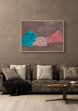 Beautiful kindness by Sulaika Martis in a light oak frame on a warm grey wall above a brown sofa